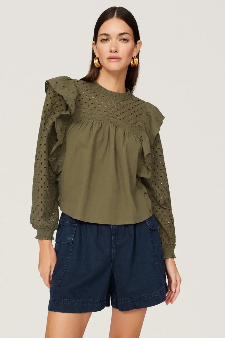 Maje Linode Olive Green Ruffled Eyelet Long Sleeve Top Size Small